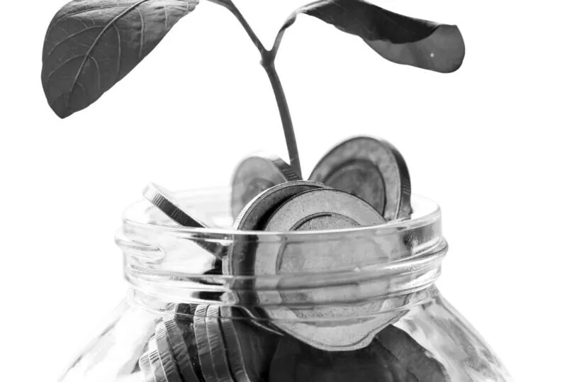 imagem de um cofrinho com moedas em preto e branco
