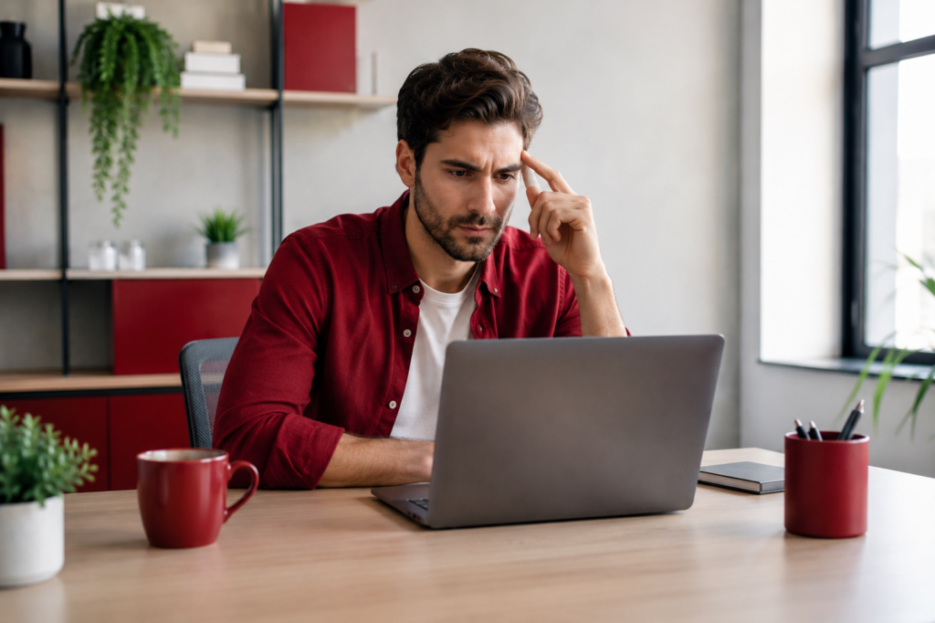 Empreendedor olhando para a tela do notebook com atenção, avaliando possível erro no CNAE da sua empresa no Simples Nacional