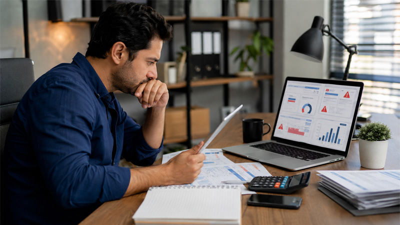 Empreendedor conferindo erros fiscais no Simples Nacional com documentos contábeis digitais