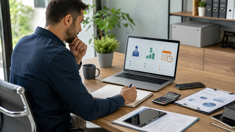 Empreendedor definindo cargo, salário e jornada antes de contratar funcionário em pequena empresa