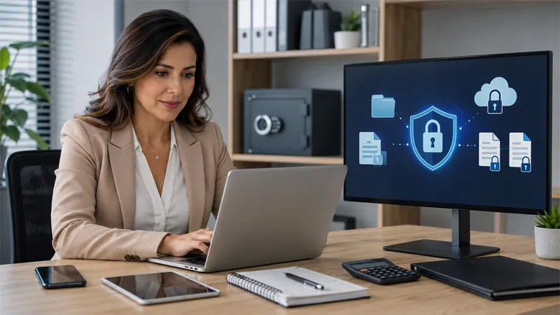 Segurança de dados contábeis e LGPD para pequenas empresas com documentos fiscais digitais protegidos